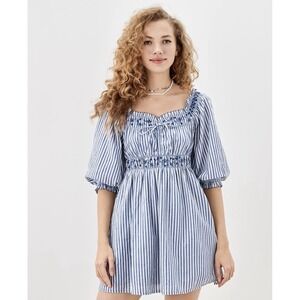 American Eagle Striped Embroidered Puff Sleeve Smocked Dress Women's Size Small